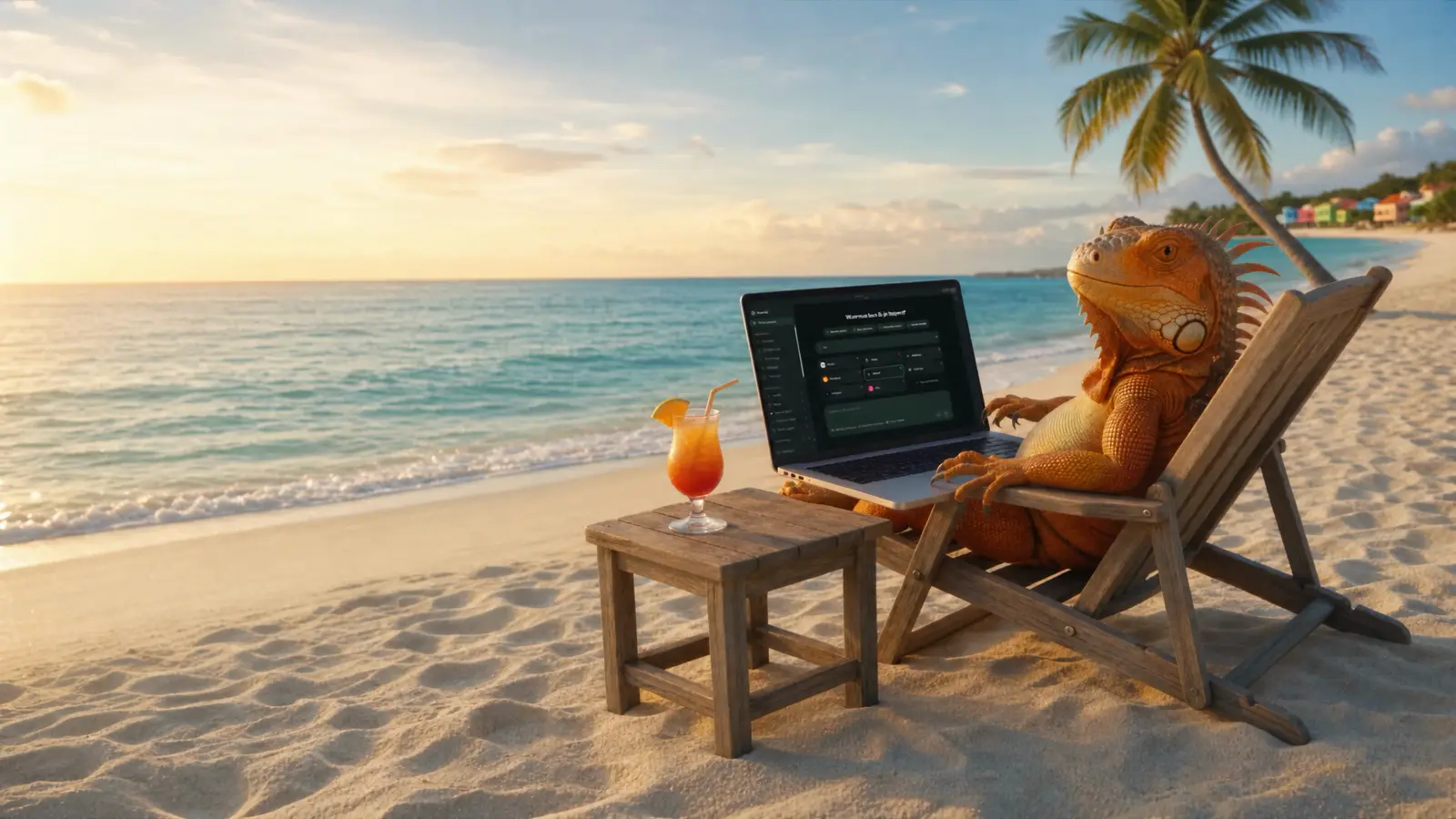 Leguaan op een strandstoel met de Komodo-app open op zijn laptop